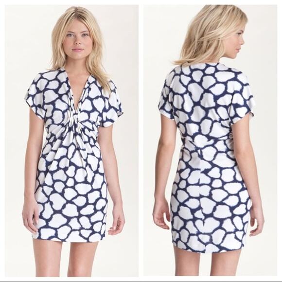 Diane von Furstenberg Natalie Dress Navy Blue White Gathered Stretch Jersey Sz 4 - Picture 1 of 16